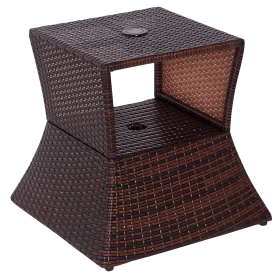 Rattan Wicker Patio Side Table with Umbrella Hole 2 Tier Storage All-Weather Garden Furniture Mixed Brown