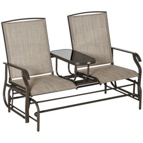 2-Person Outdoor Glider Bench with Center Table, Patio Rocking Chair Swing Loveseat with Breathable Mesh for Backyard Garden Porch, Brown