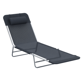 Folding Chaise Lounge Chair, Black, Portable, 6-Level Adjustable Back, Pillow Included, Ideal for Patio, Garden, Beach