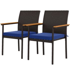 Stackable Patio Wicker Dining Chair Set of 2 with Cushions, Backrest, Armrests for Deck, Garden, Navy Blue